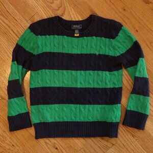 POLO RALPH LAUREN boys cable knit sweater stripe green navy horse 10 preppy logo